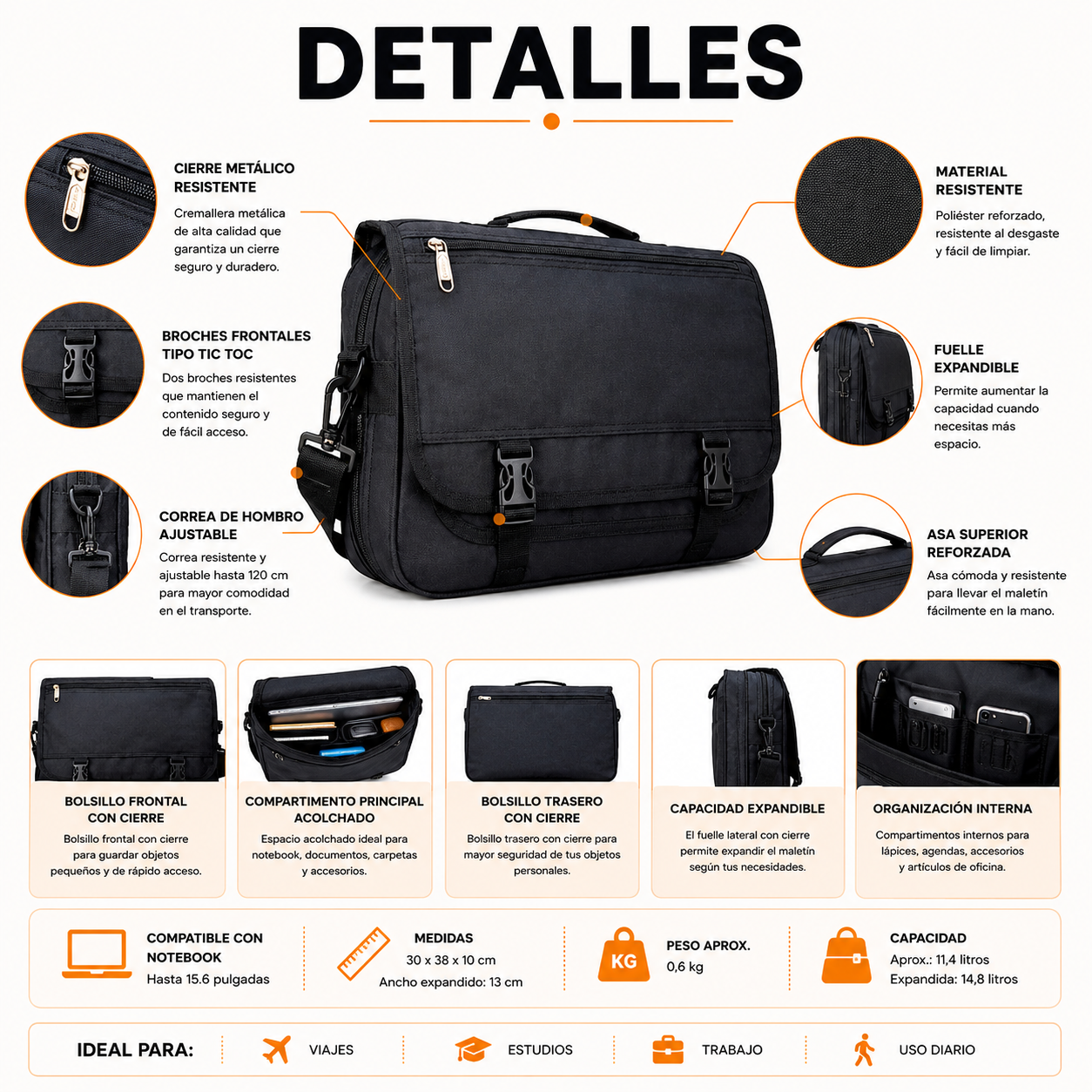 Maletín Porta Notebook Expandible Negro 1081