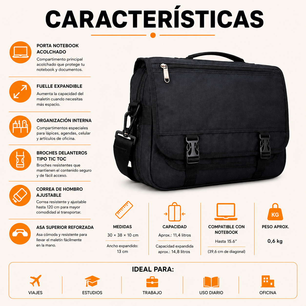 Maletín Porta Notebook Expandible Negro 1081