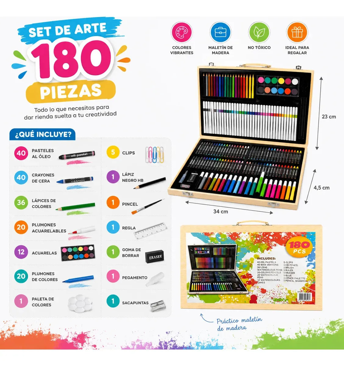 Set Escolar Maleta Dibujo Infantil Lápices Colores 180 Pcs