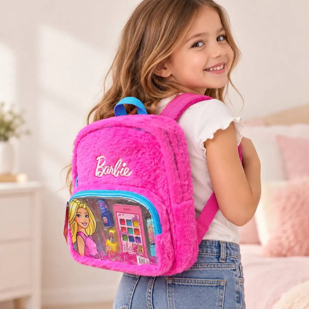 Mochila Barbie Peluche Con Set De Maquillaje Niñas