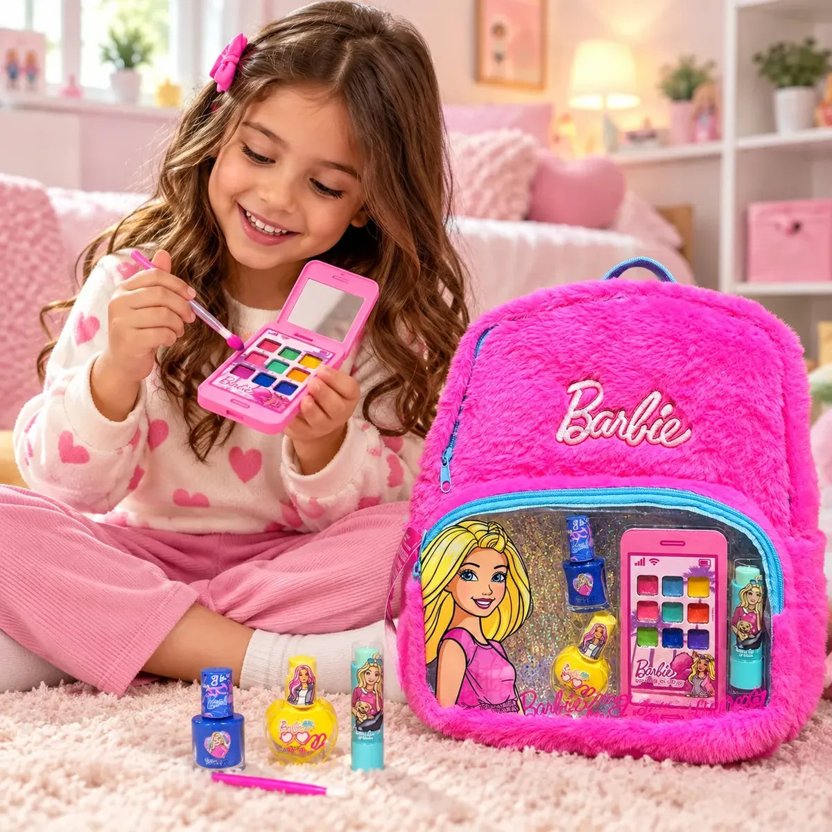 Mochila Barbie Peluche Con Set De Maquillaje Niñas