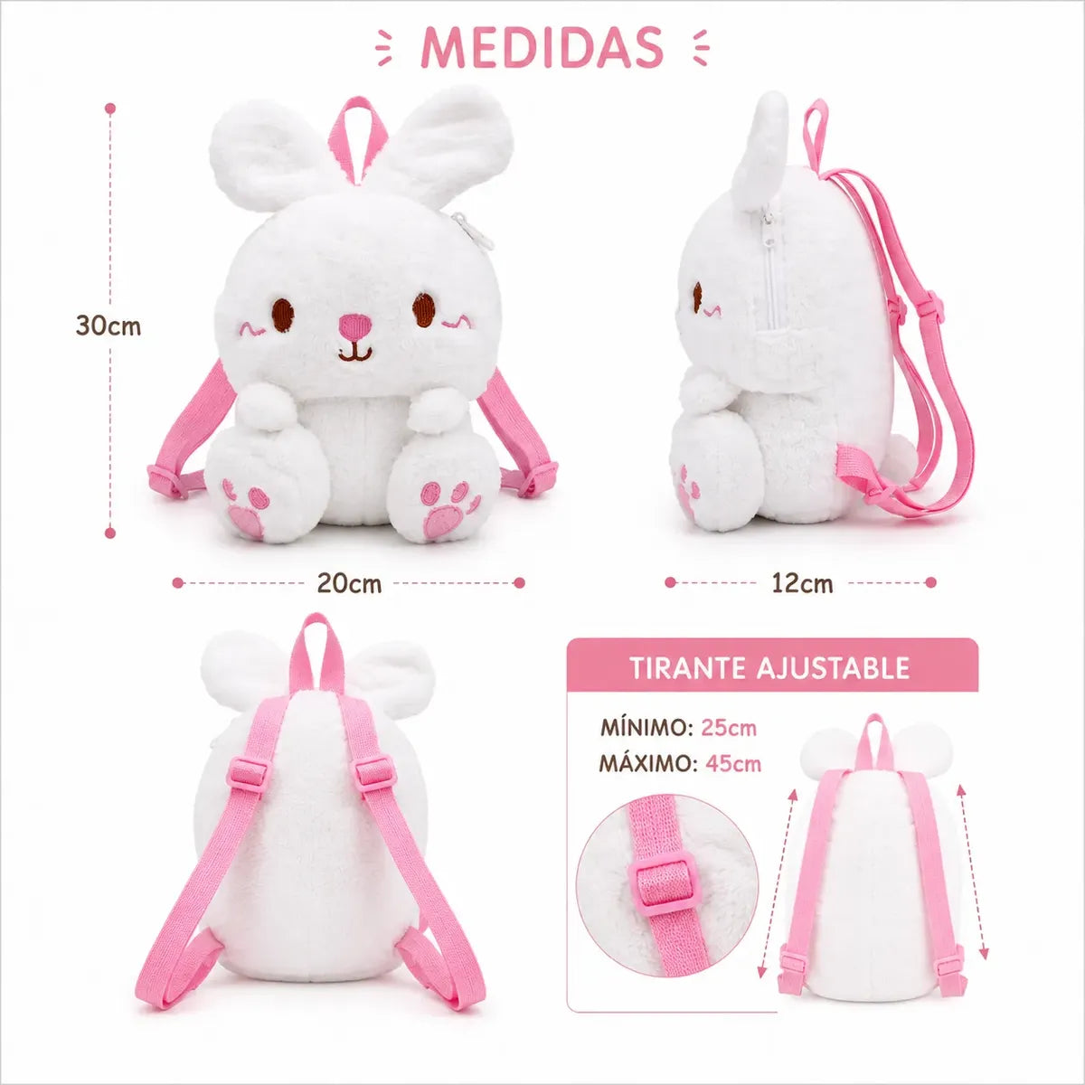 Mochila Infantil Peluche Conejita Con Rosa Para Niña
