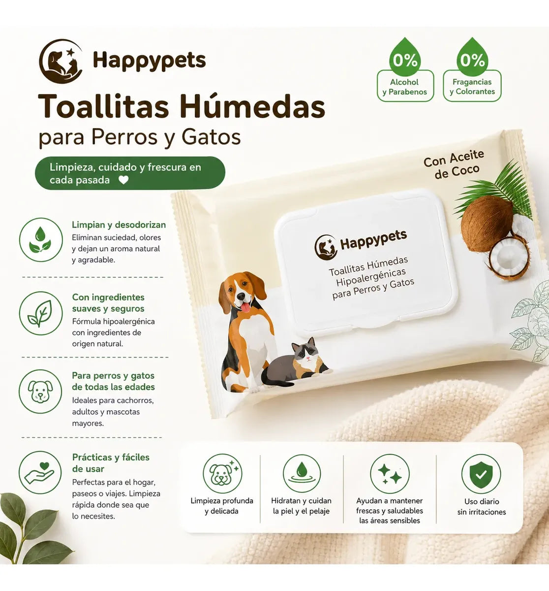 Toallitas Húmedas Hipoalergénicas De Coco 50un Perro Y Gato