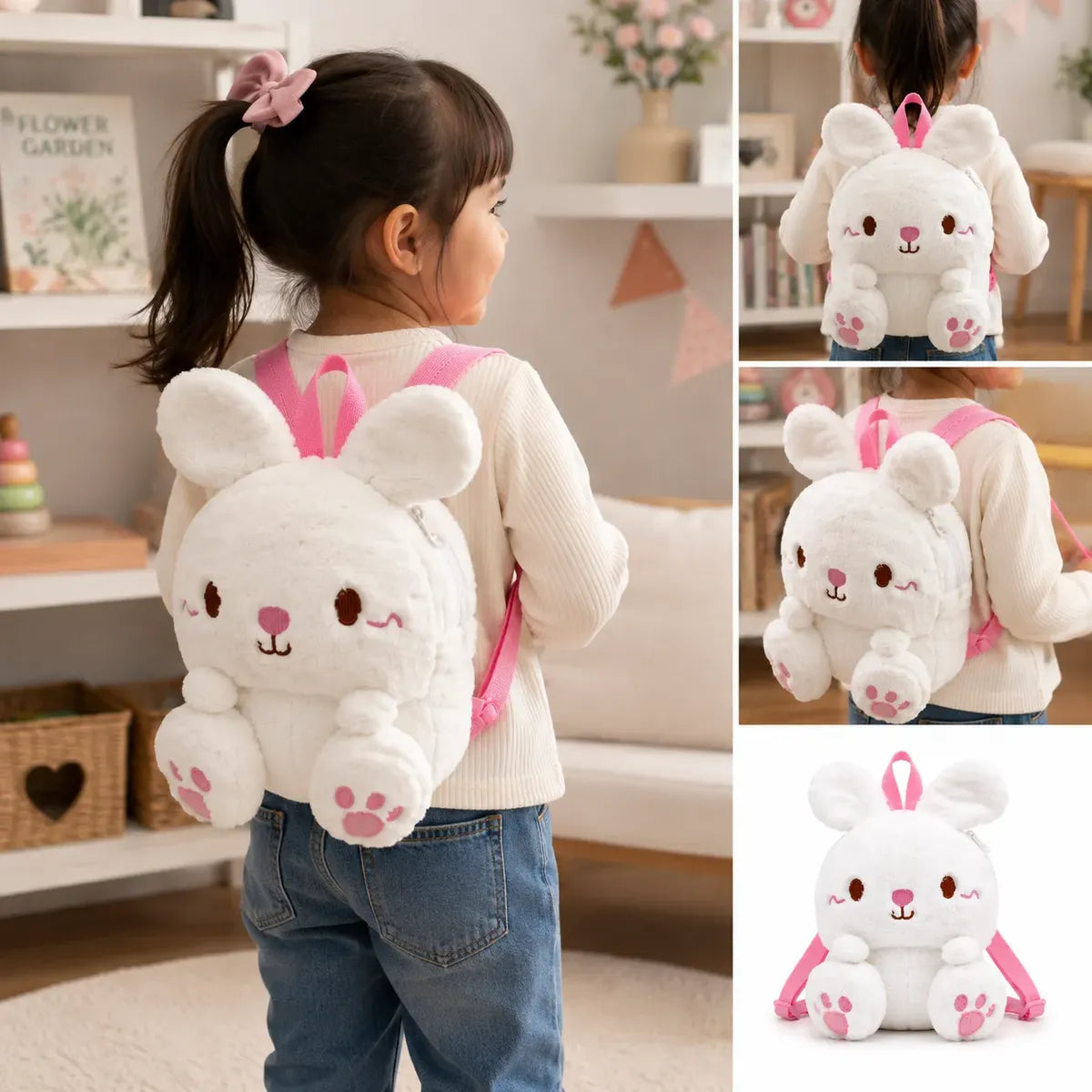 Mochila Infantil Peluche Conejita Con Rosa Para Niña