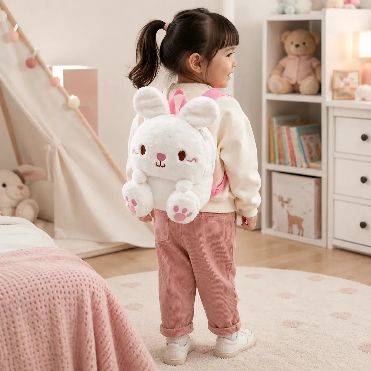 Mochila Infantil Peluche Conejita Con Rosa Para Niña