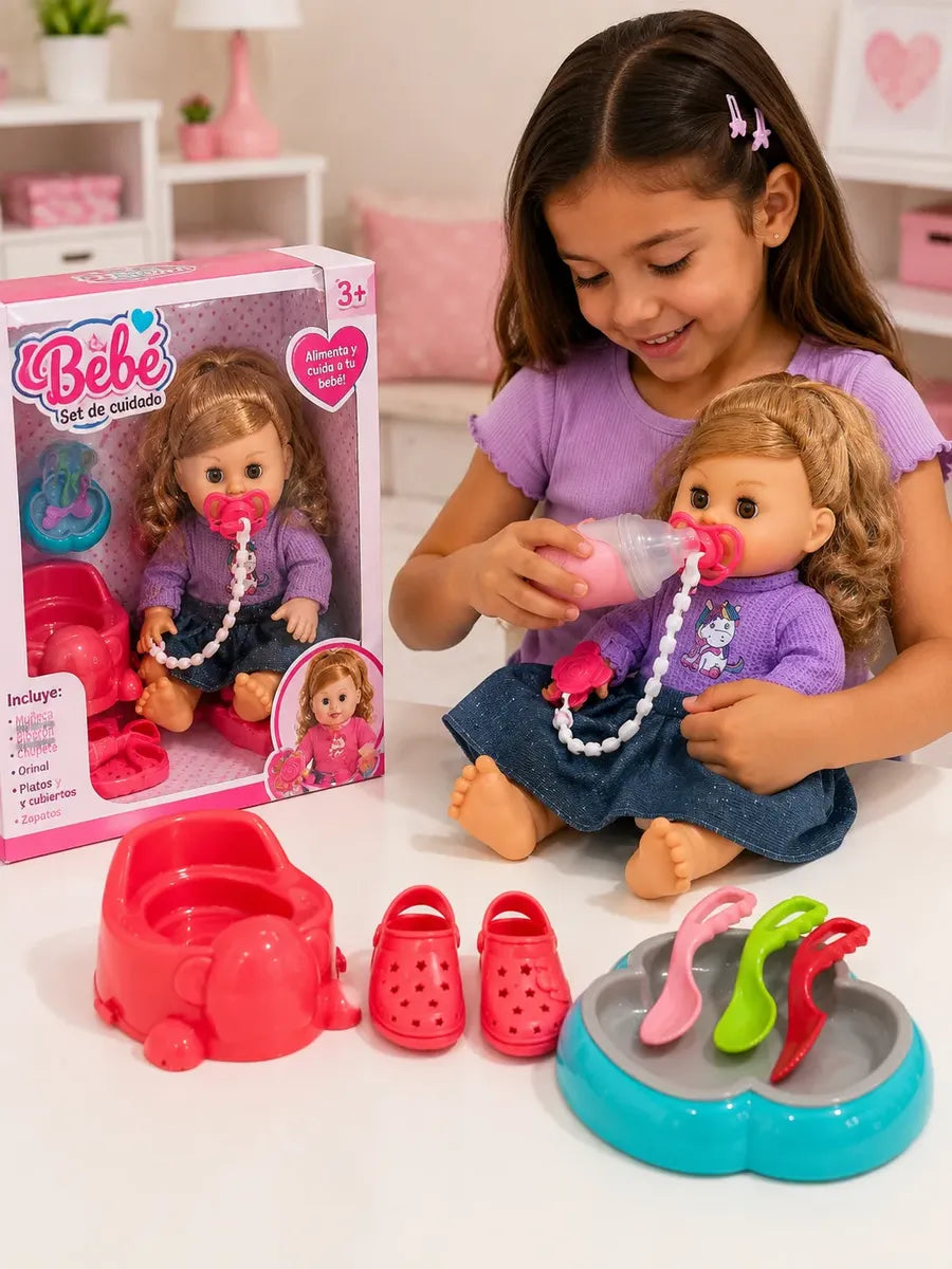 Muñeca Bebé con Set de Alimentación y Cuidado con Sonidos