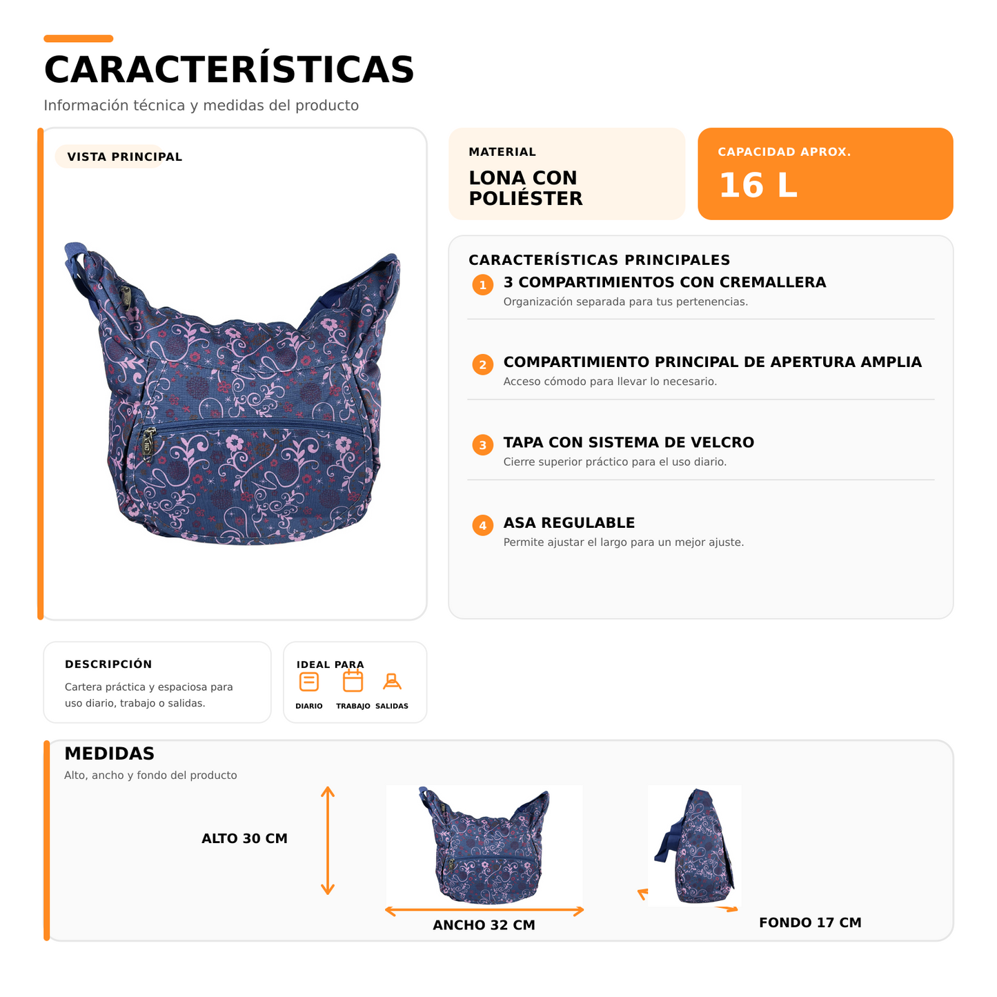 Bolso Cartera 16L Multi Compartimientos 1084B