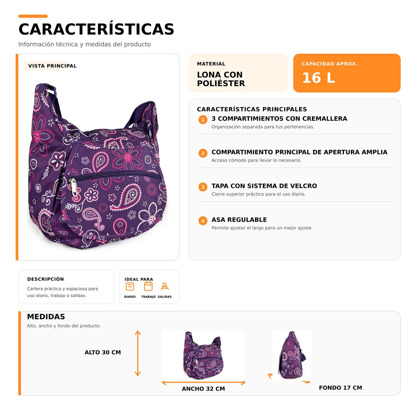Bolso Cartera 16L Multi Compartimientos 1084B