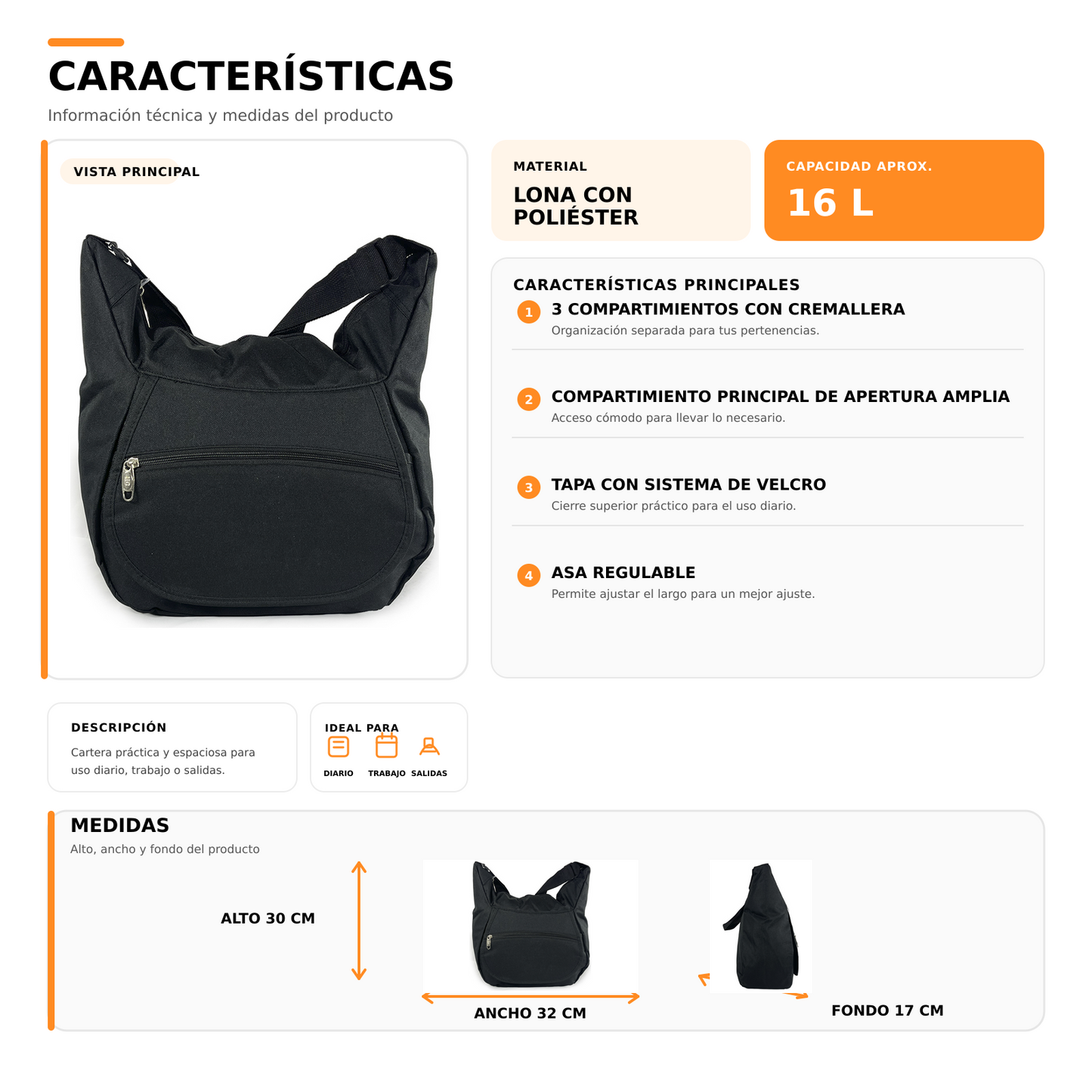 Bolso Cartera 16L Multi Compartimientos 1084B
