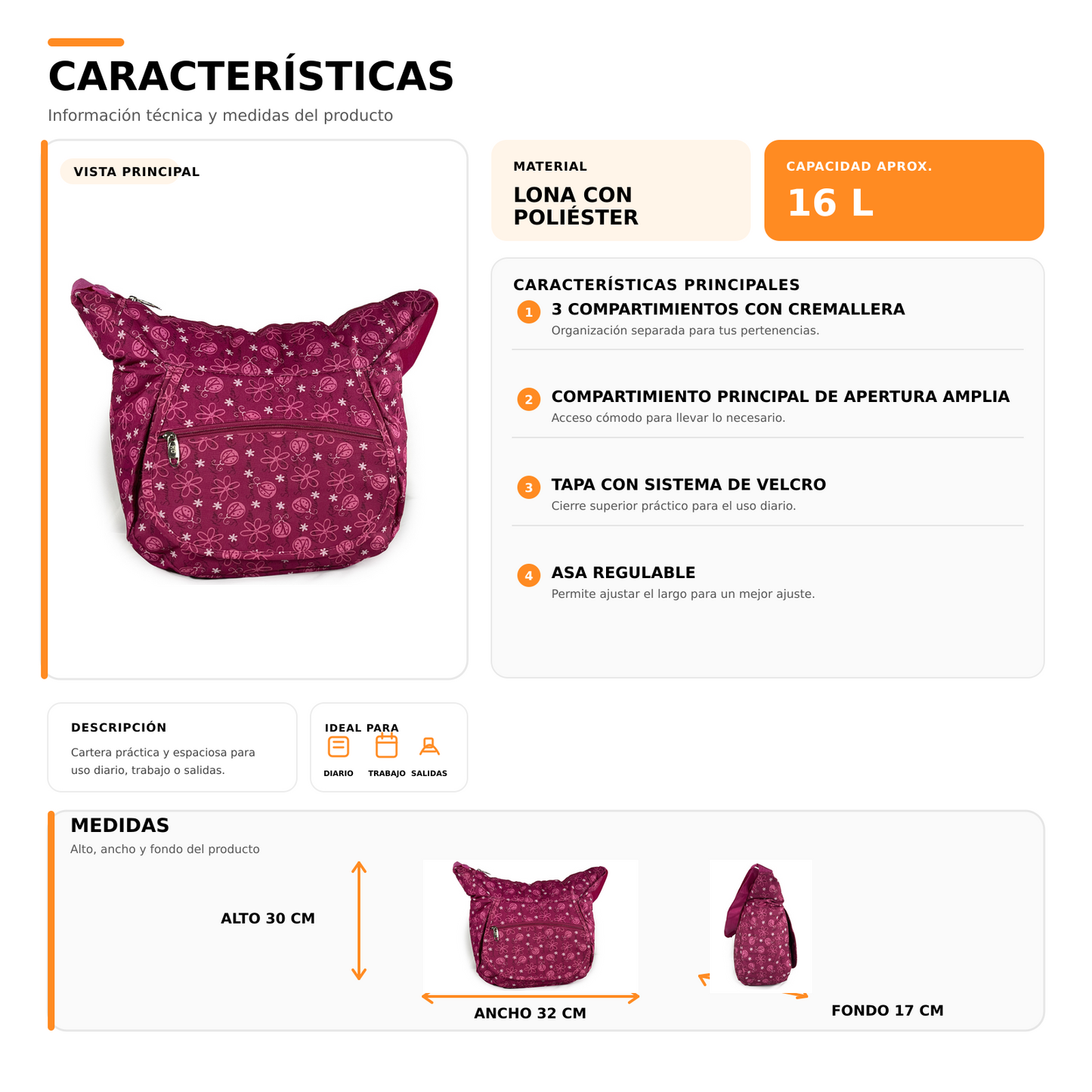 Bolso Cartera 16L Multi Compartimientos 1084B