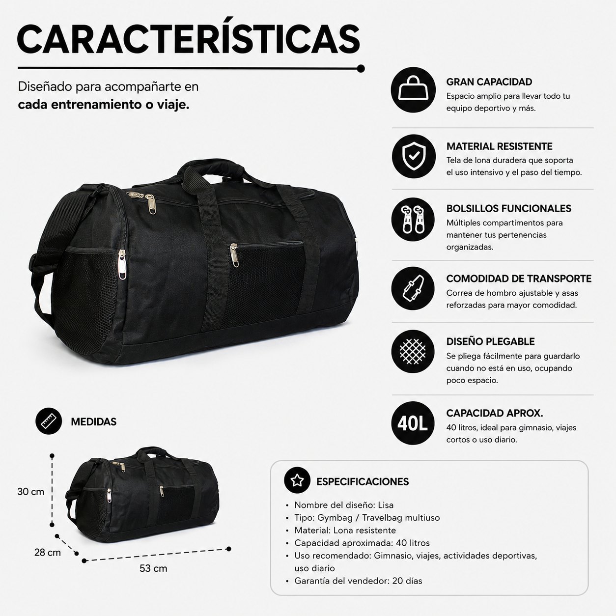 Bolso Gimnasio 40L Multiuso 1198
