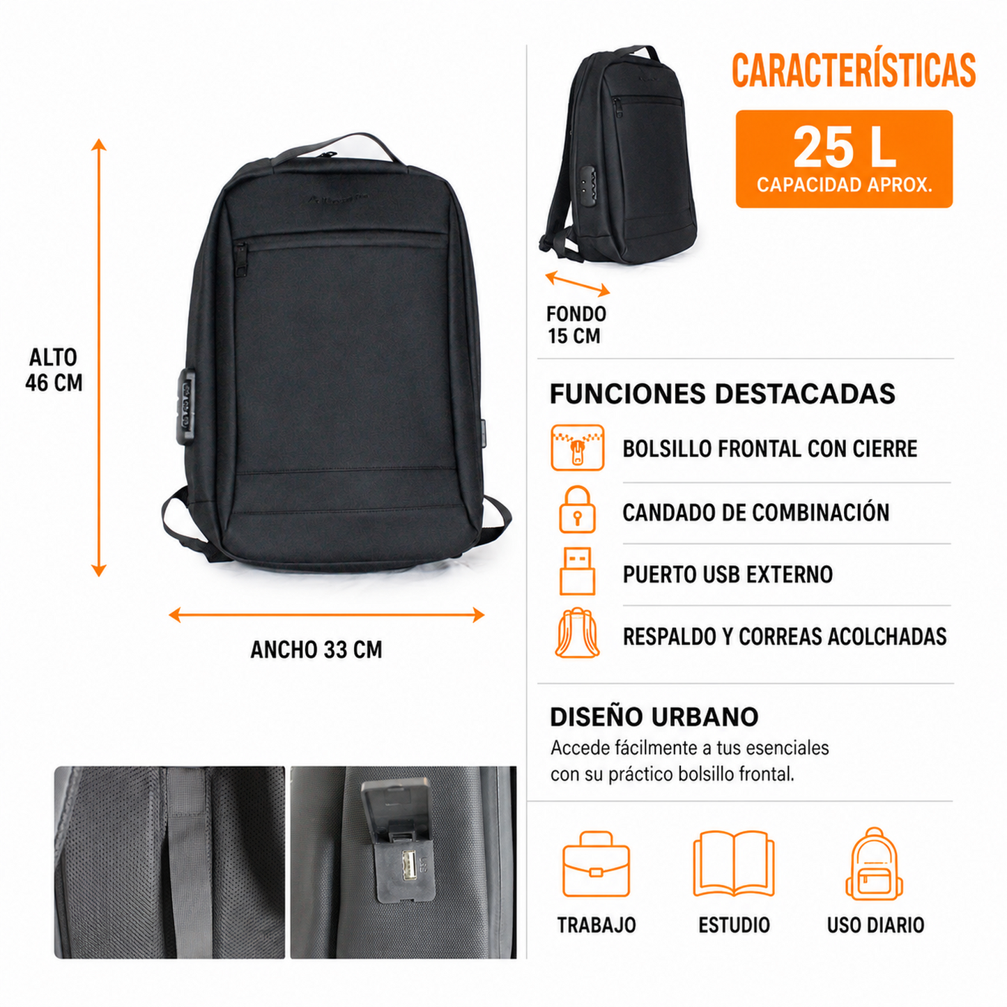 Mochila Antirrobo 25L Porta Notebook 2403
