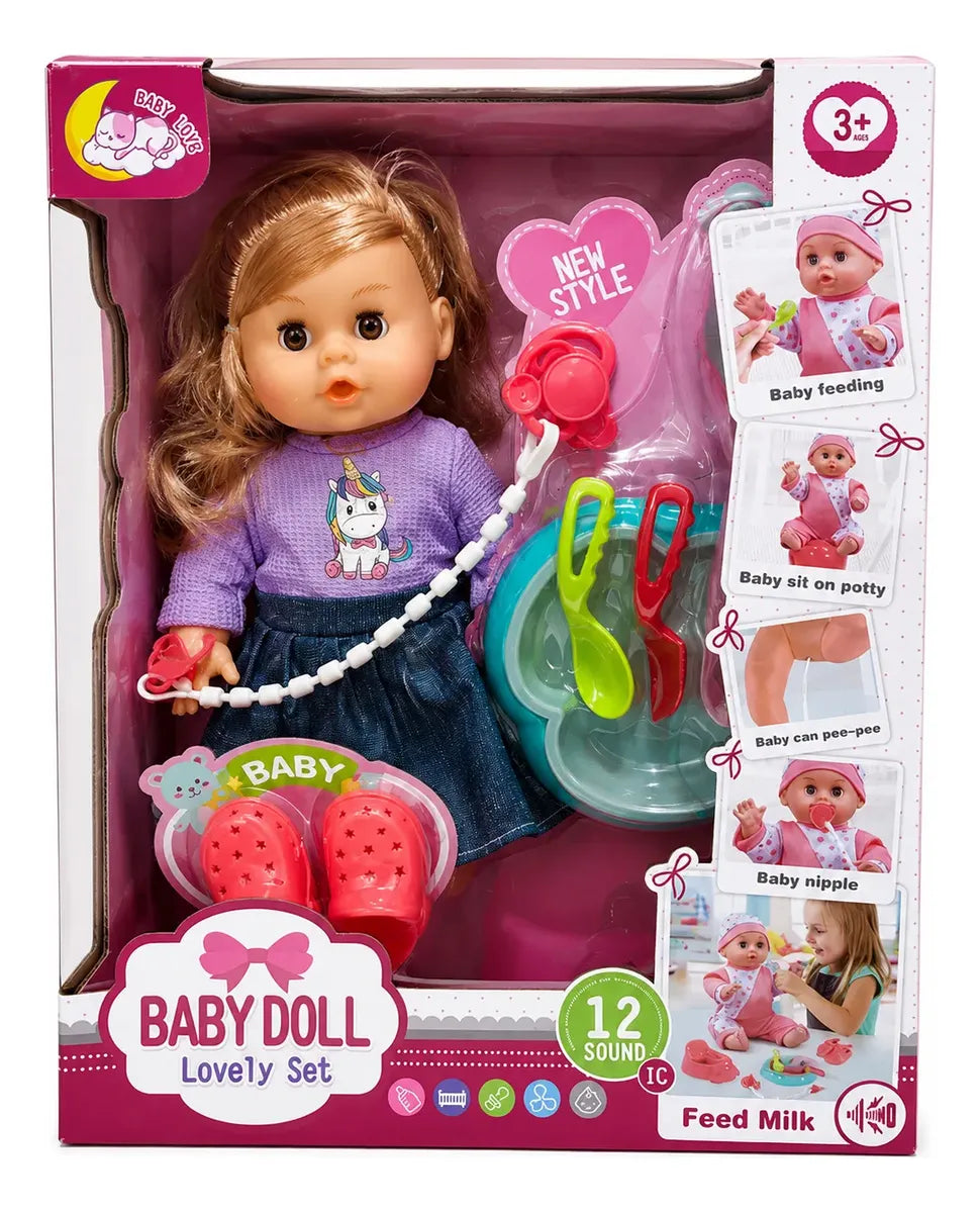 Muñeca Bebé con Set de Alimentación y Cuidado con Sonidos